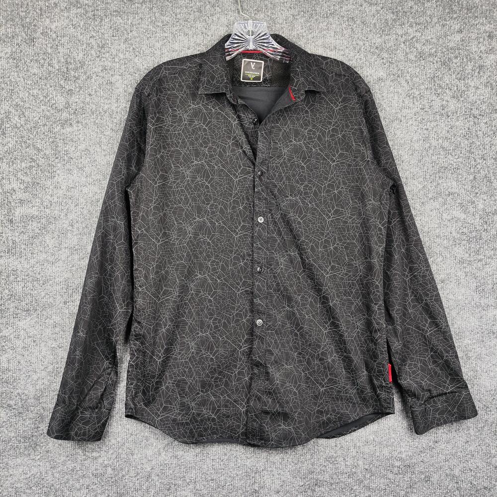 Van Heusen Shirt Mens Medium Black Geometric Slim Fit Button Up Long Sleeve